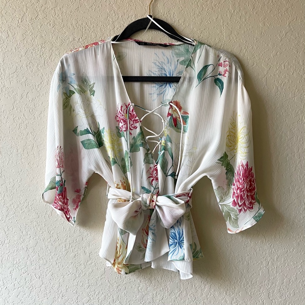 Zara White Floral Print Ruffled Tie Belted Blouse